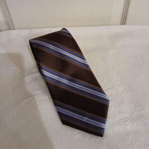 MICHAEL Michael Kors Brown, blue, and white striped 100% silk neck tie